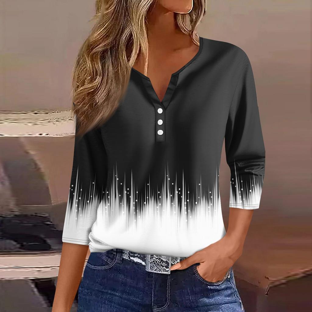 Жен. Футболка Футболка С принтом Пуговицы Рукав 3/4 Повседневные Выходные Мода Классический Классический V-образный вырез Обычный Верх