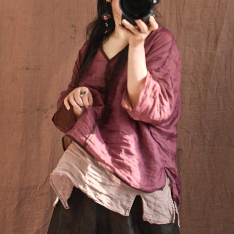 Johnature Женские винтажные футболки Ramie, однотонные футболки с v-образным вырезом и длинными рукавами, летние женские футболки высокого качества