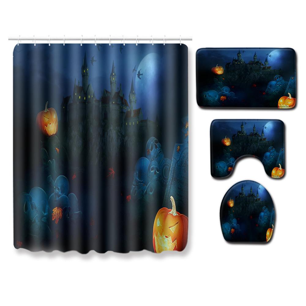 Halloween Series Bathroom Shower Curtain Floor Mat Toilet Cover Foot Mat Four-Piece Pattern Size