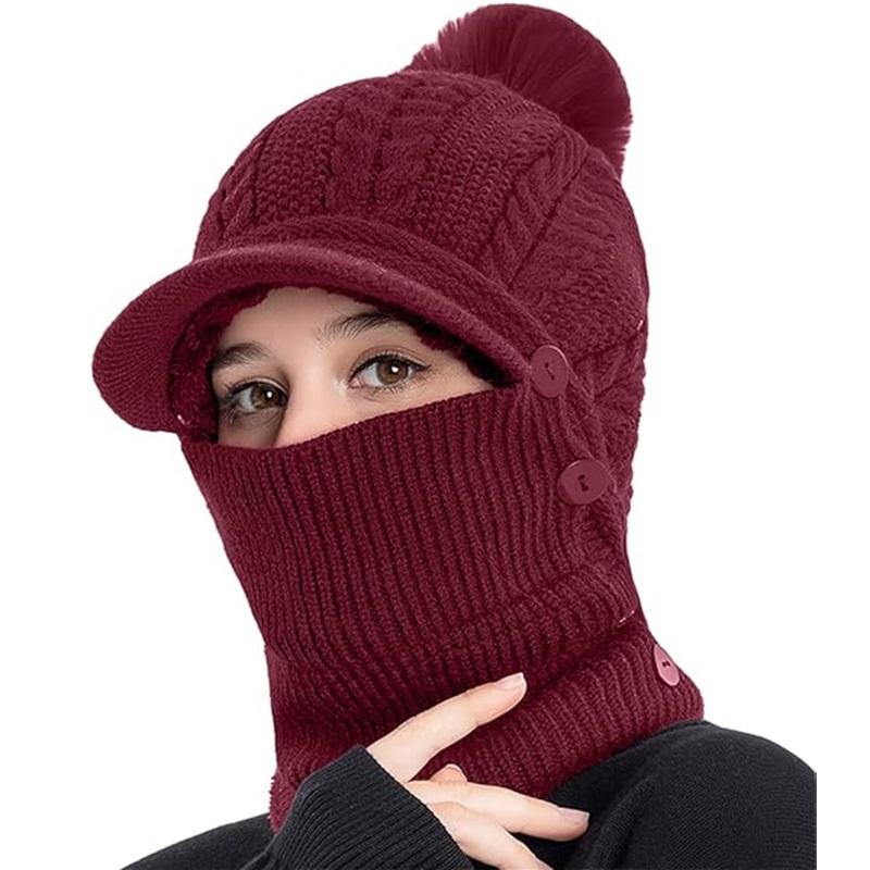 Женская зимняя утолщенная подкладка шапка термобалаклава капюшон шарф с козырьком вязаные шапки с помпоном