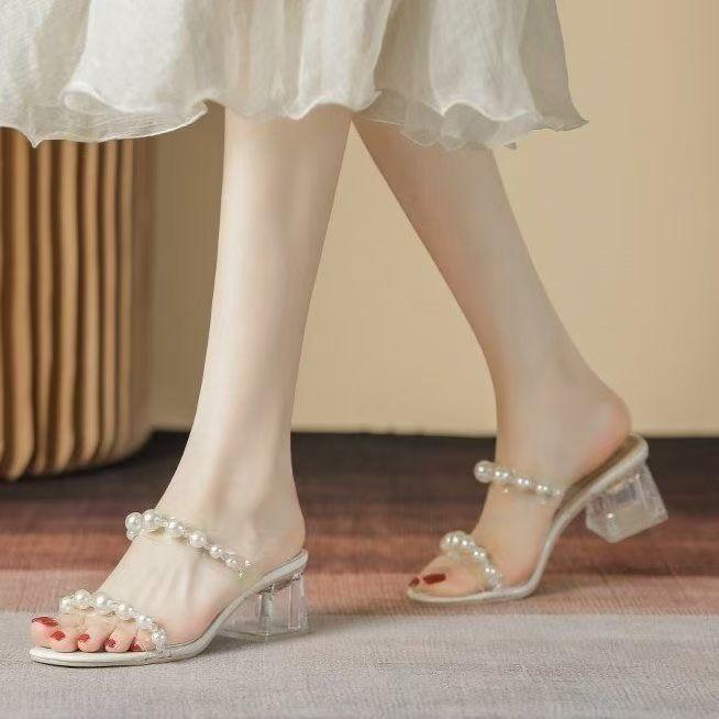 2025 Summer New Versatile Crystal Thick Heel High Heel Sandals Transparent Slippers Women's Rhinestone Pearl Outer One-word Drag