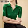 Women's V-neck Short Sleeved Knitted Sweater for Spring Polo Shirt Mid Sleeve Base and Top