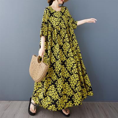 2025 Лето Плюс Размер Винтаж Платье Базовый Принт Женщин Повседневный Длинный Оверсайз Свободное Платье Макси Новое