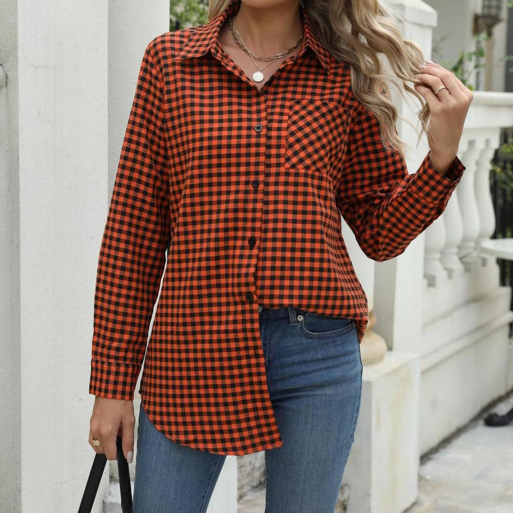 New Plaid Print Women's Shirt, Lapel Collar Loose Long Sleeve Blouse Top for Women, European & American Style