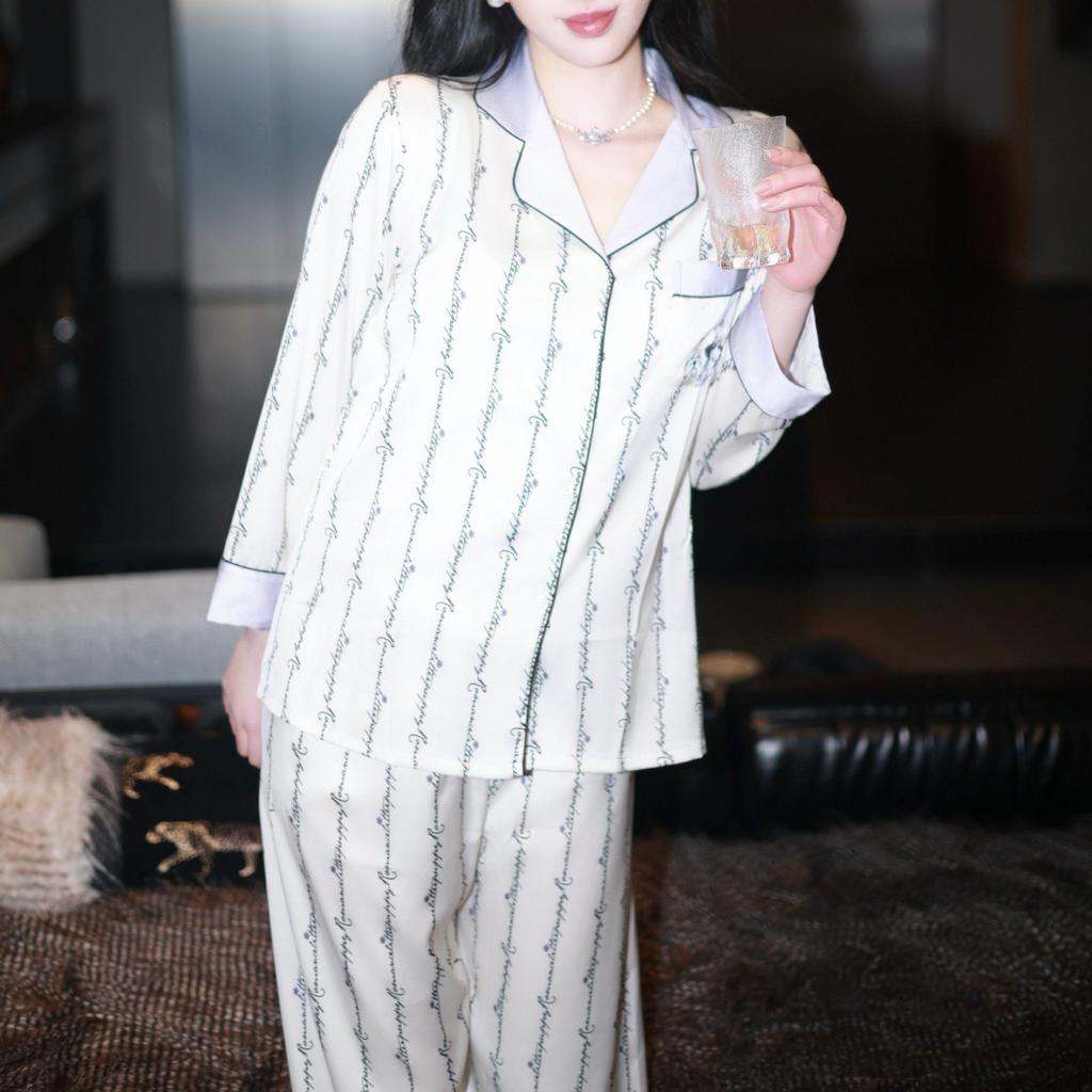1011 new pajamas women's spring and autumn long-sleeved high-end ice silk cardigan two-piece set Internet celebrity live broadcast hot-selling