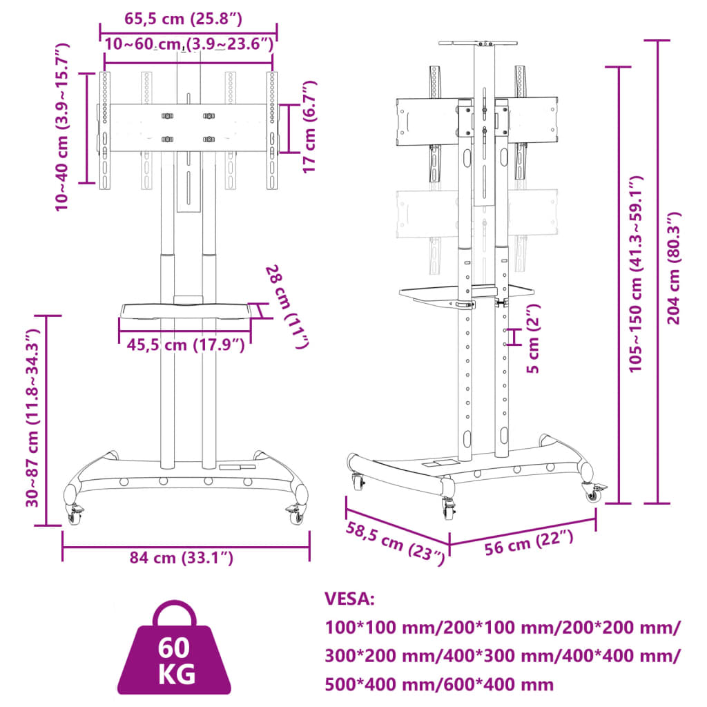 TV Stand on Wheels 32 70 Inch Max VESA 600*400 60 kg