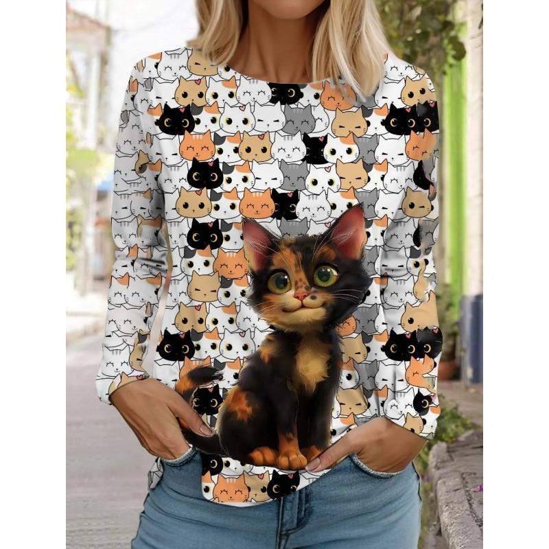 Women's Cute Cat Long Sleeves T-Shirt Round Neck Long Sleeved Autumn Animal Clothing Holiday Gift Clothing Fashion Party T-Shirt