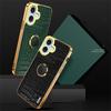 For iPhone 16 Case Crocodile Texture Leather+TPU Electroplating Phone Cover with Ring Kickstand - Black