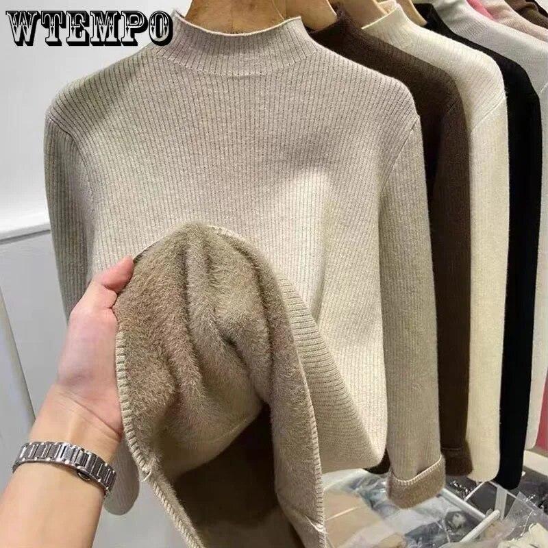Плюшевый утепленный трикотаж, женский свитер с высоким воротником, тонкий топ, теплая базовая рубашка, простой повседневный джемпер на осень и зиму для поездок на работу