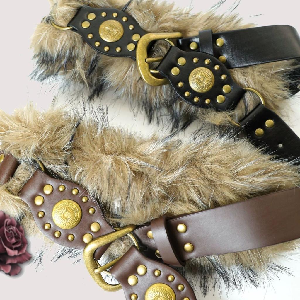 New Spice Girl Women's Harajuku Steampunk Y2K Plush American Vintage Dark PU Furry Belt Concave Shaped Decorative Waist Chain
