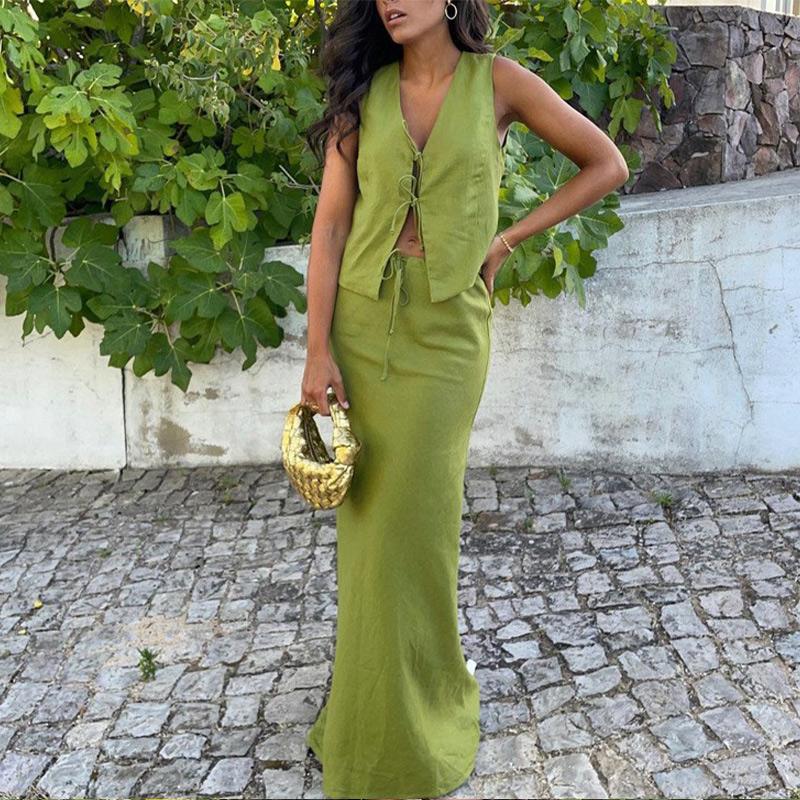 Women Casual Sleeveless Party 2Pcs Suits Cotton Linen Solid Color Slim Skirt Outifts Sexy V-neck Tie-up Hollow Out Top & Long Skirt Set