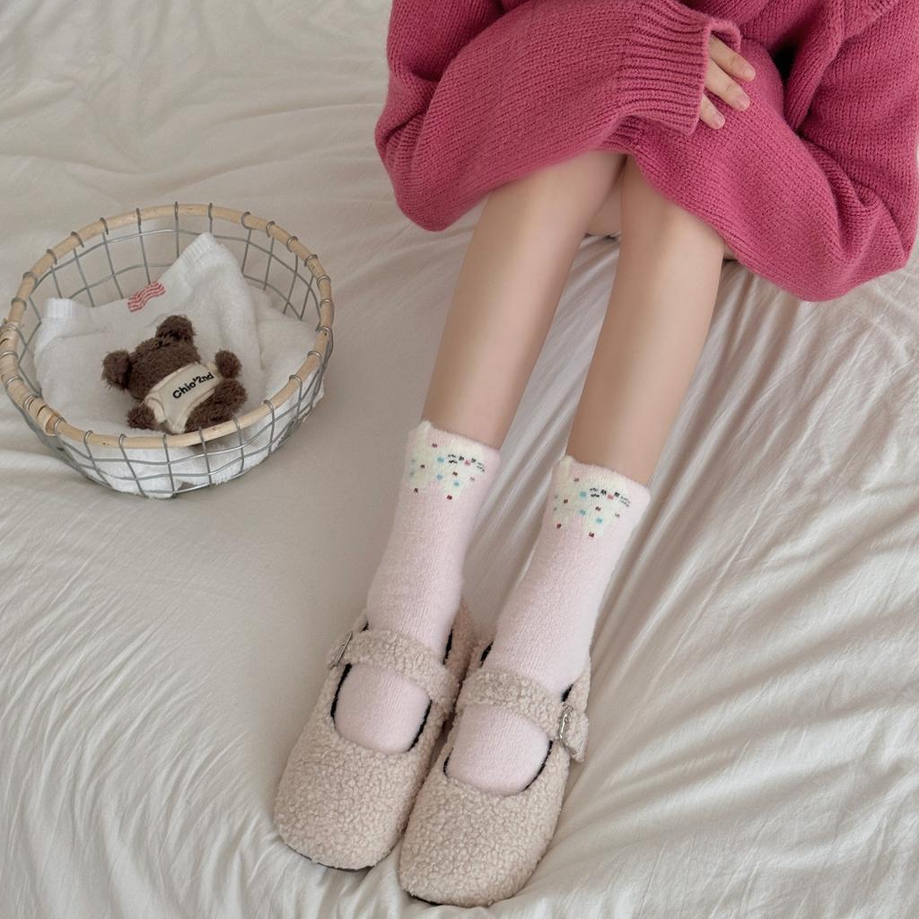 Женские теплые осенне-зимние гольфы с принтом в горошек, с мультяшной вышивкой и бантом