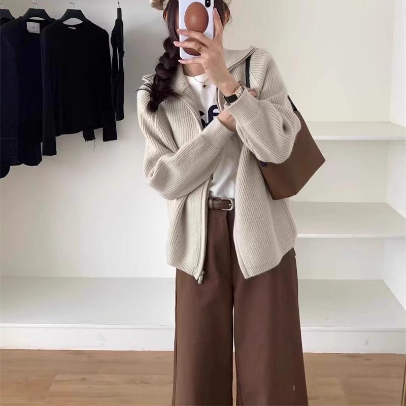 Korean Dongdaemun Women's Double Zipper Lapel Coat - Thick Wool Sweater, Autumn/Winter, Soft, Fluffy, Loose, Lazy Style.