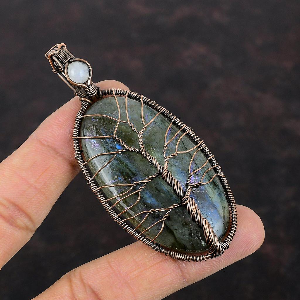 Подвеска Древо Жизни Мистический Огонь Лабрадорит Драгоценный Камень Медная Проволока Обмотанные Украшения Подвеска Радужный Лунный Камень Медная Подвеска Ручной Работы Для Подарка