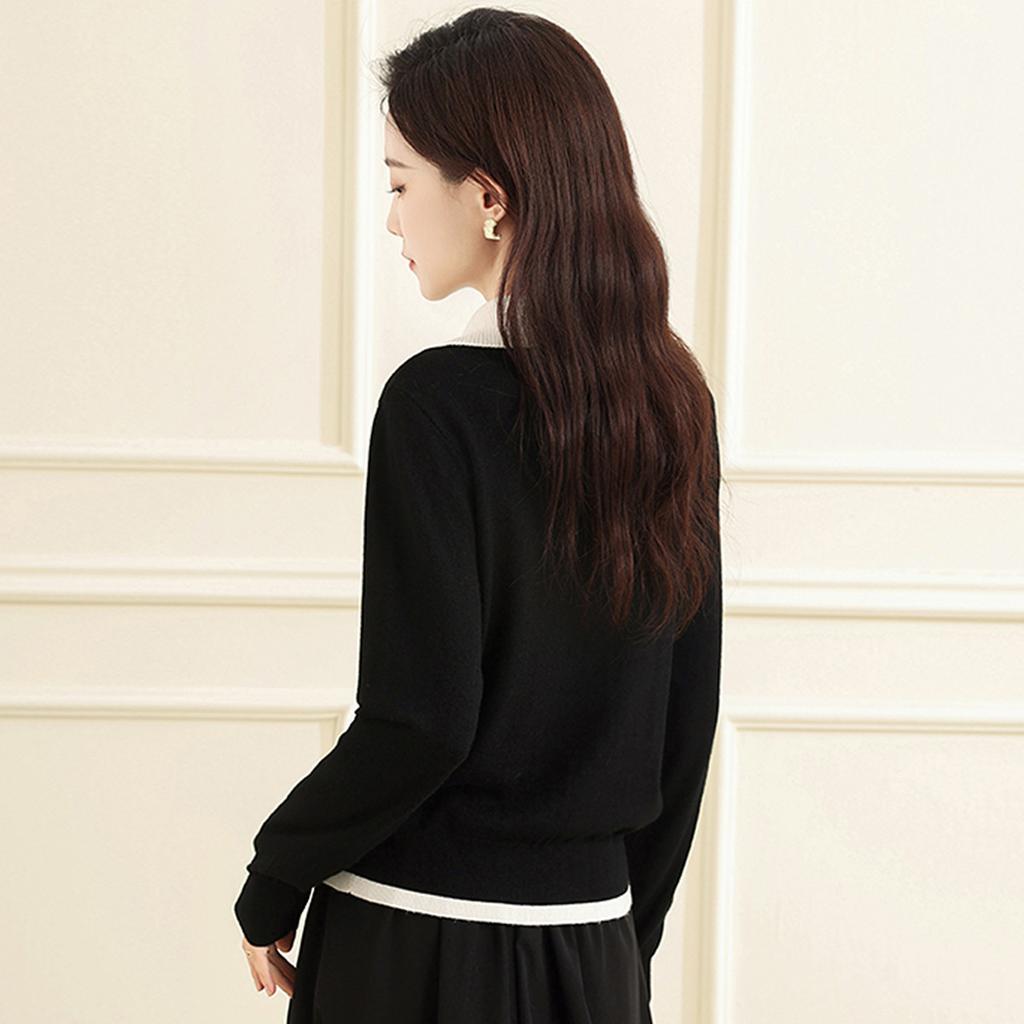 [Sweater] Autumn/Winter Color Matching Versatile Hoodie Design Sensation Fake Two piece Bottom Top for Women