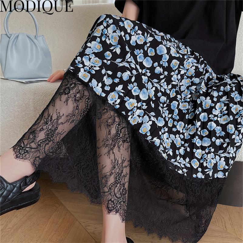 MODIQUE Summer Plus Size Women Loose Versatile A-Line Floral Print Lace Patchwork Pleated Cotton T-Shirt Long Dresses Female Casual O-Neck Dresses