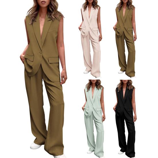 2 Pcs/Set Women Coat Pants Set Lapel Single Button Mid Length Cardigan Sleeveless Jacket Wide Leg High Waist Straight Trousers Lady Formal Commute