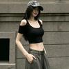 Хлопковая футболка с коротким рукавом в стиле Spice Girls, с открытыми плечами, для женского летнего гардероба, сексуальная, облегающая, тонкая, укороченная, открывающая живот