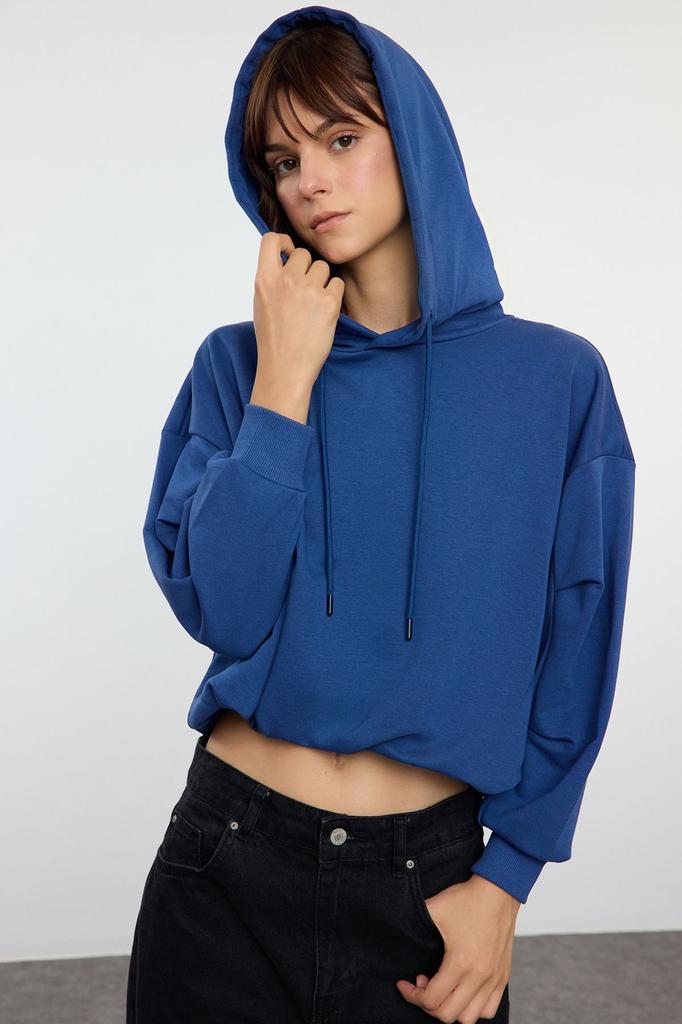Женская модная стильная толстовка цвета индиго, толстый флисовый свитер с капюшоном, непринужденный удобный крой, вязаная толстовка