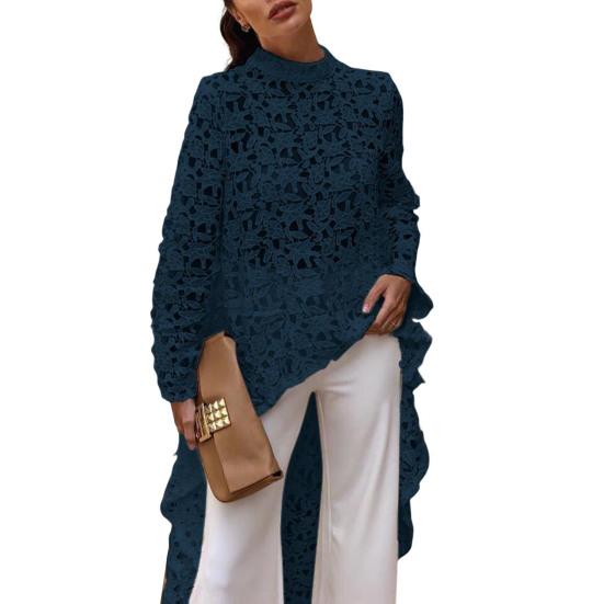 Женский длинный топ с вырезом, нерегулярное вязание крючком, кружево, цветочное лоскутное шитье, прозрачный, короткий спереди