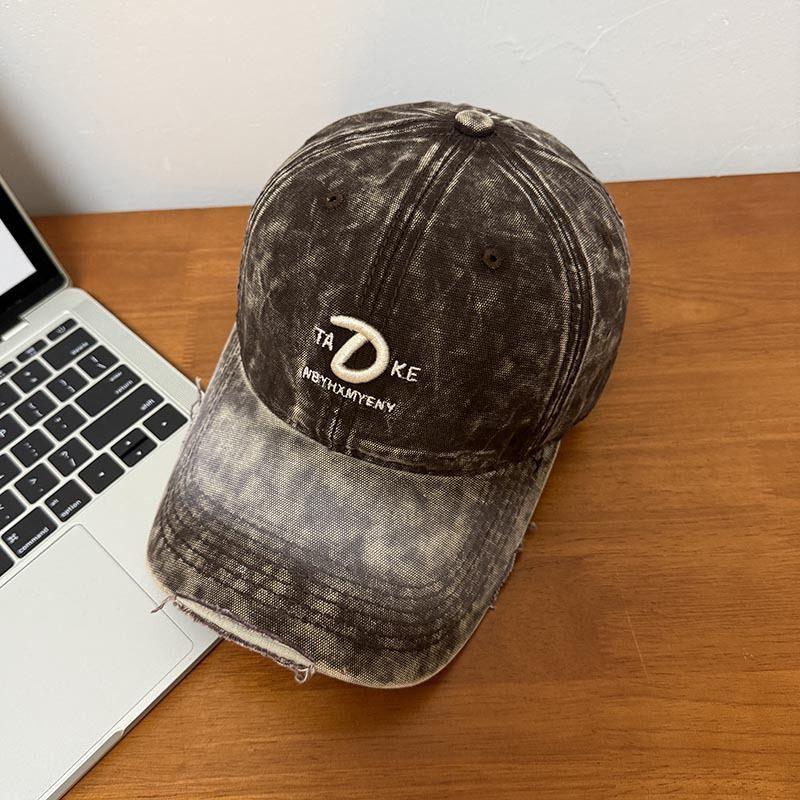 American retro tie-dye washed letter embroidered baseball cap for women, Korean style fashion distressed duckbill cap, sun hat for men