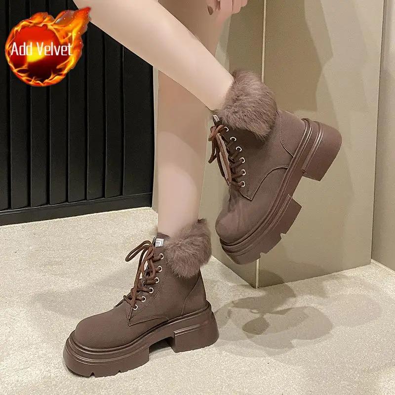Элегантные на шнуровке на среднем каблуке с круглым носком шнурки женская обувь мода весна 2024 39 большой размер теплые на молнии женские зимние ботинки