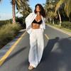 Women's Casual Cotton Linen Solid Colour Shirt Drawstring Wide Leg Pants Two Piece Set