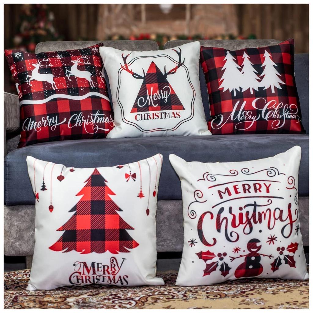 Decorative Merry Christmas Satin Cushion Cover 16 inch x 16 inch Set of 5, Cusion Cover for Sofa 16" 16, Christmas Home Decor