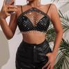 Sexy Halter Tops Sleeveless Backless Cropped Tops Hollow Fishnet Shiny Rhinestones Inlaid Perspective Neck Strap Top