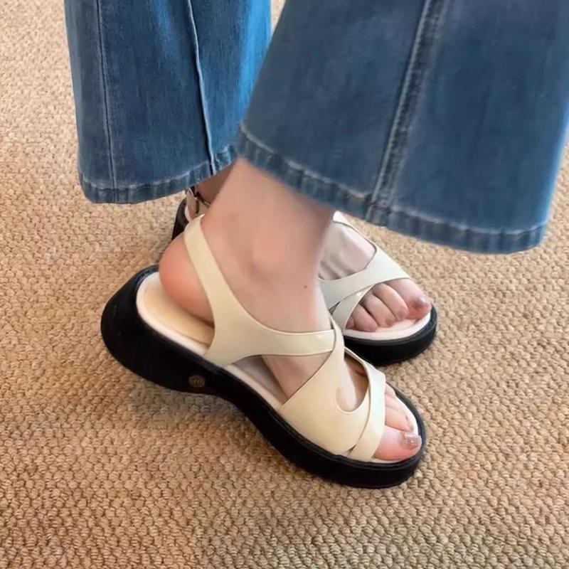 Модные Удобные Кожаные Босоножки на Среднем Каблуке 2025 Женские Босоножки на Платформе и Танкетке Офис Мама на Каждый День