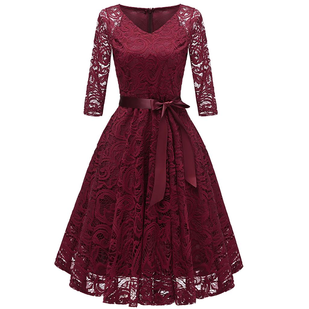 Women's Fashion Vintage V-Neck Long Sleeve Lace Retro Slim Evening Dress