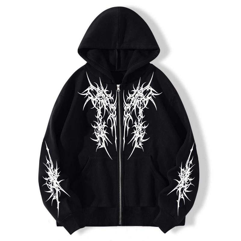 Unisex Zip-Up Hoodie Y2K Print Casual Streetwear Loose Fit Long Sleeve Sweatshirt