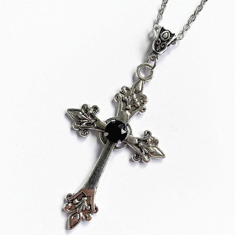 Adjustable Gothic Cross Pendant Necklace - Alloy Statement Jewelry with Rhinestone Detail, Punk Unisex Chain for Women and Men