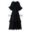 Summer New Women Clothes Seaside Holiday Style V-neck Horn Short Sleeve Waist Hugging Slimming Frill Long Dress