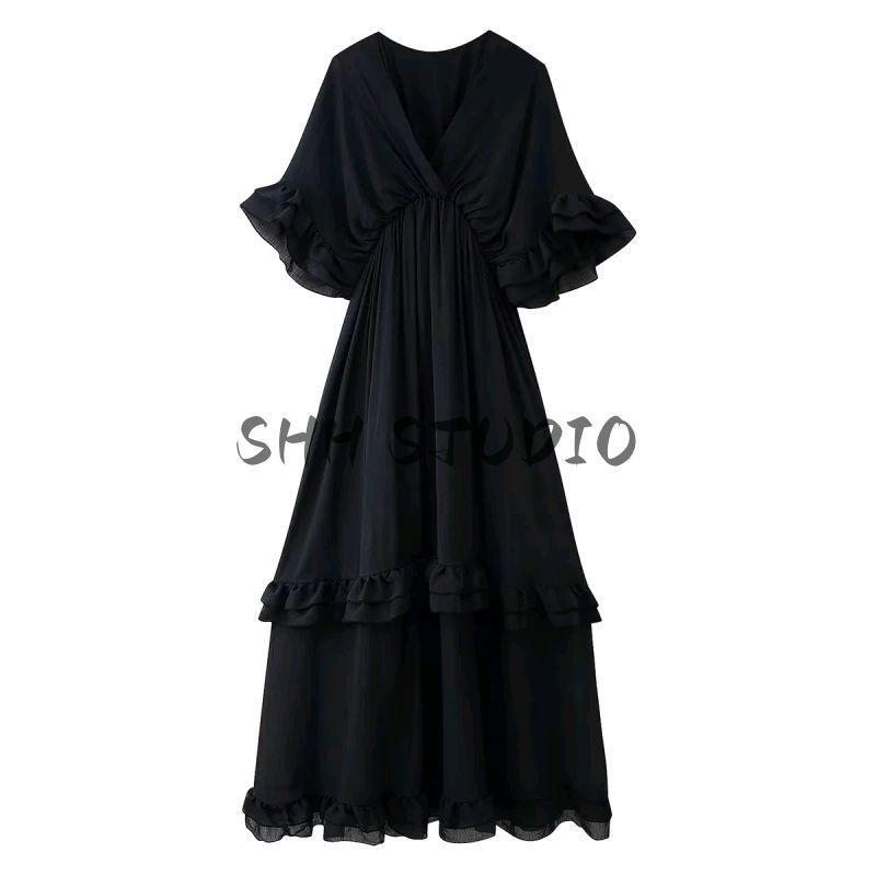 Summer New Women Clothes Seaside Holiday Style V-neck Horn Short Sleeve Waist Hugging Slimming Frill Long Dress