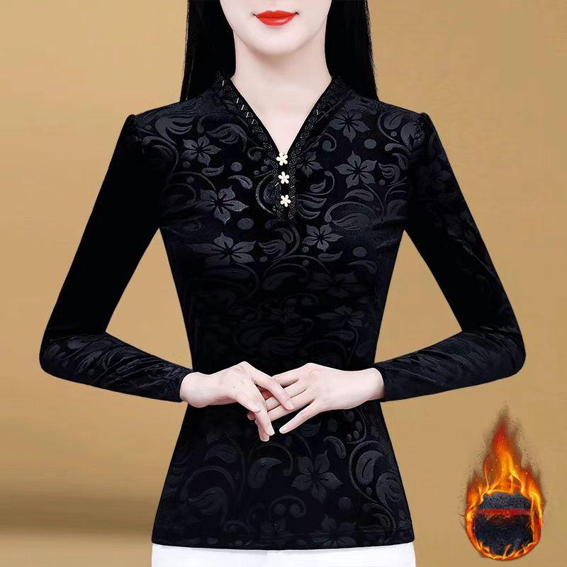 Нижняя рубашка женская новая зимняя черная тонкая рубашка темперамент длинный рукав теплая внутри с большим размером футболки верх