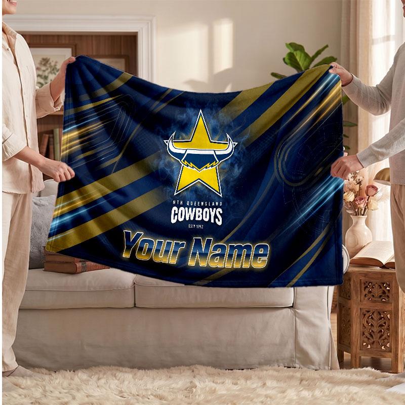 North Queensland Cowboys Flannel Blanket, Custom Name Text Personalized Soft Throw Blanket Home Decor Gift