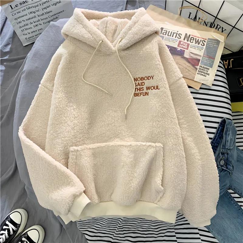 Autumn Winter Fashion Hooded Sweatshirt Women Korean Loose Solid Letter Tops Long Sleeve Warm Outfit Hoodie Lady Casual Street
