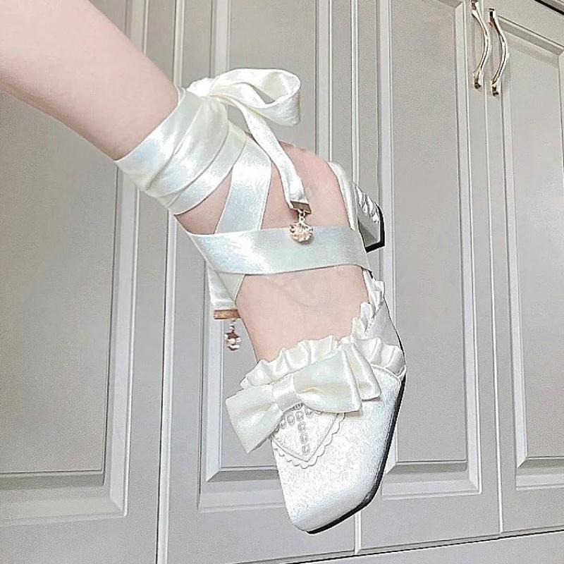 Французские сказочные туфли на шнуровке, балетки на толстом каблуке, с лолита-дизайном, с чувством миноритарности, вечерние, нежные, вечерний ветер, туфли-лодочки