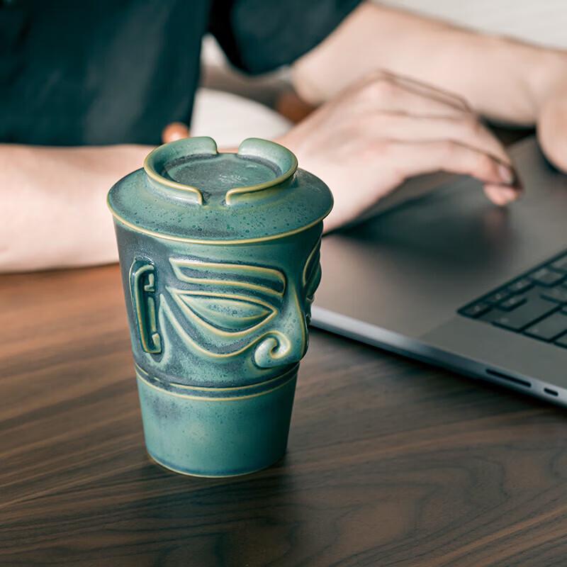 Керамическая офисная кружка Edenus Sanxingdui с зеленой крапчатой глазурью