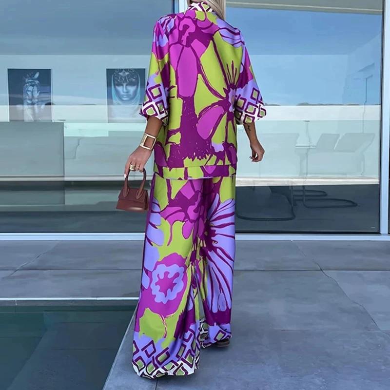 Повседневный узор с принтом, свободный, из двух частей, пижама, на шнуровке, кардиган, топы, длинные брюки, комплект для отдыха, пижама для женщин, пляжный наряд для отдыха