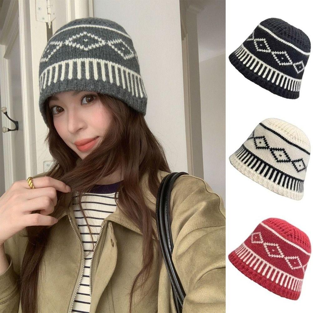 Retro Knitted Hat Warm Diamond Grid Pattern Bucket Hat Appearing Small in Size Big Head Circumference Ear Protection Hat