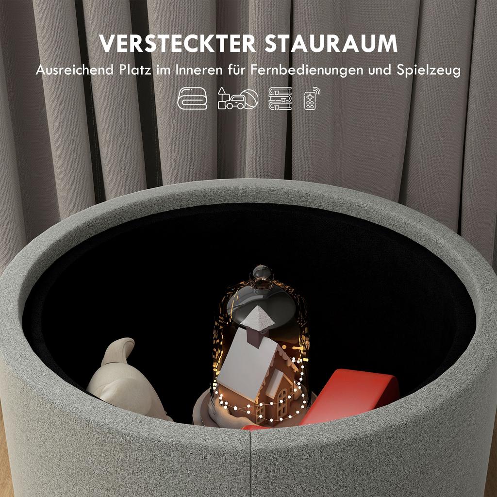 Hocker Upholstered Stool Linen Hidden Storage Reversible Lid 56 Cm X 56 Cm X 42 Cm Gray And Natural