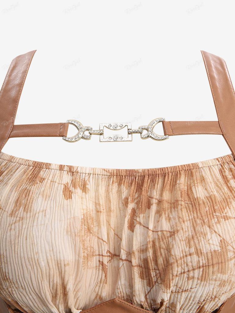 Rosegal Plus Size Tie Dye Leaf Print Chain Panel PU Leafther Strapy Lace Up Corset 2 In 1 Open Shoulder Plisse Blouse