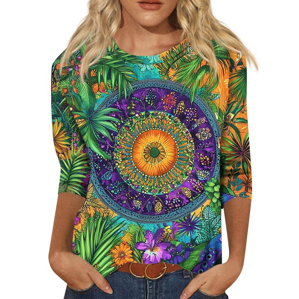 Женская модная повседневная свободная футболка с круглым вырезом и рукавами 3/4 с принтом, женский топ