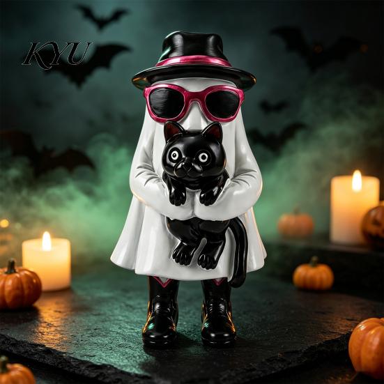 Small Desktop Ornaments Funny Halloween Ghost Figurine with Black Cat, Resin Statue Sunglasses Sculpture & Top Hat, Retro Ornament for Home