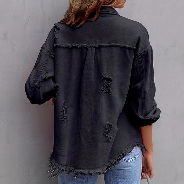 Jackets for Women Basic Distressed Ripped Fringe Denim Tops Casual Solid Color Long Sleeve Button Jean Coat