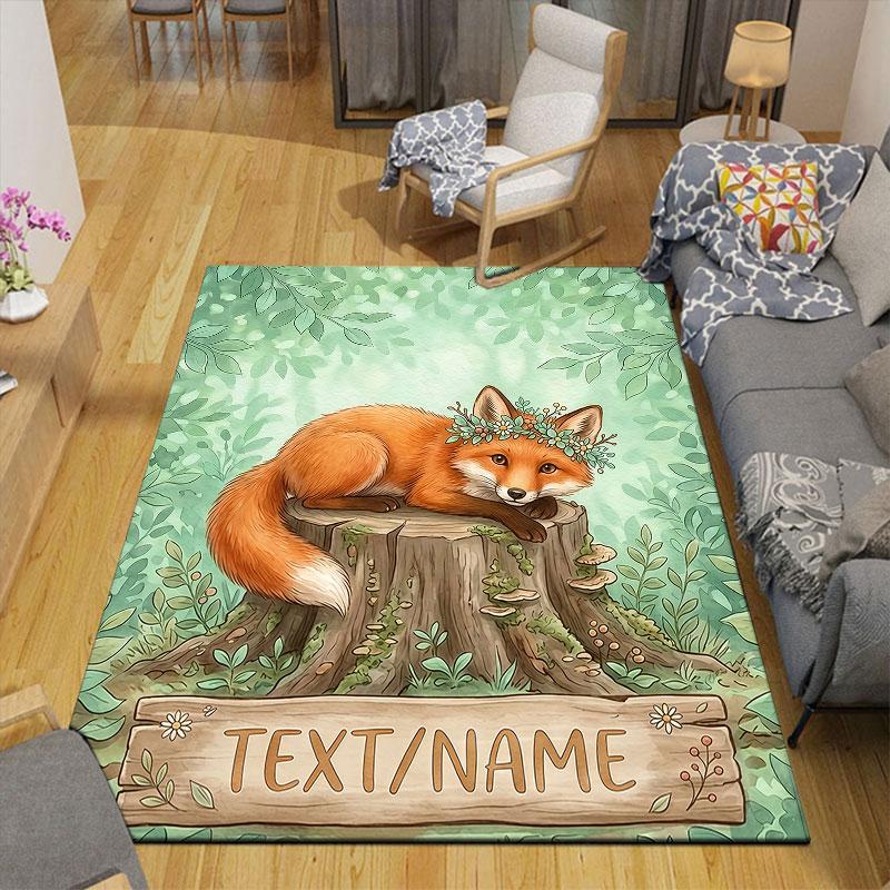 Custom Name,Floral Forest Animal Portrait Series Home Sofa Decoration for Living Room & Bedroom, Non‑Slip Play Flannel Floor Mat for Game Room