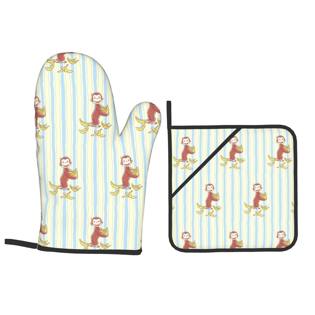 Curious George Monkey Cartoon Animation Oven Mitts and Pot Holder Sets of 2 for Baking Cooking BBQ Resistant Non-Slip Gloves