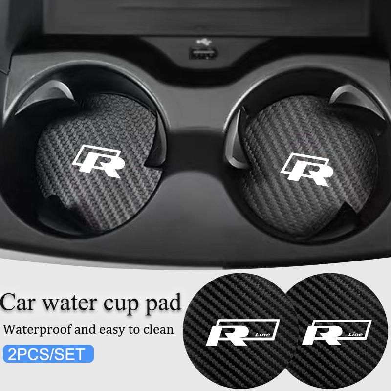2Pcs Carbon Fiber Coaster Car Water Cup Anti-slip Pad Mat Auto Interior For Volkswagen VW Tiguan GTI RLine R Golf Amarok T5 ID3